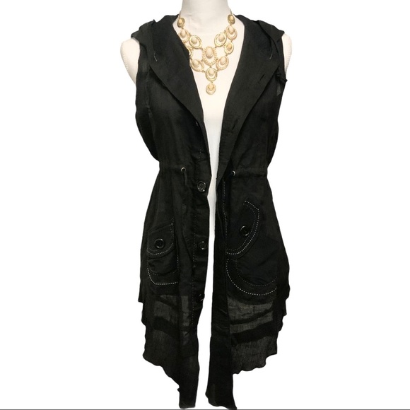 🆕 Black Contrast Stitch Sleeveless Hooded Cardi NWT - Picture 3 of 10